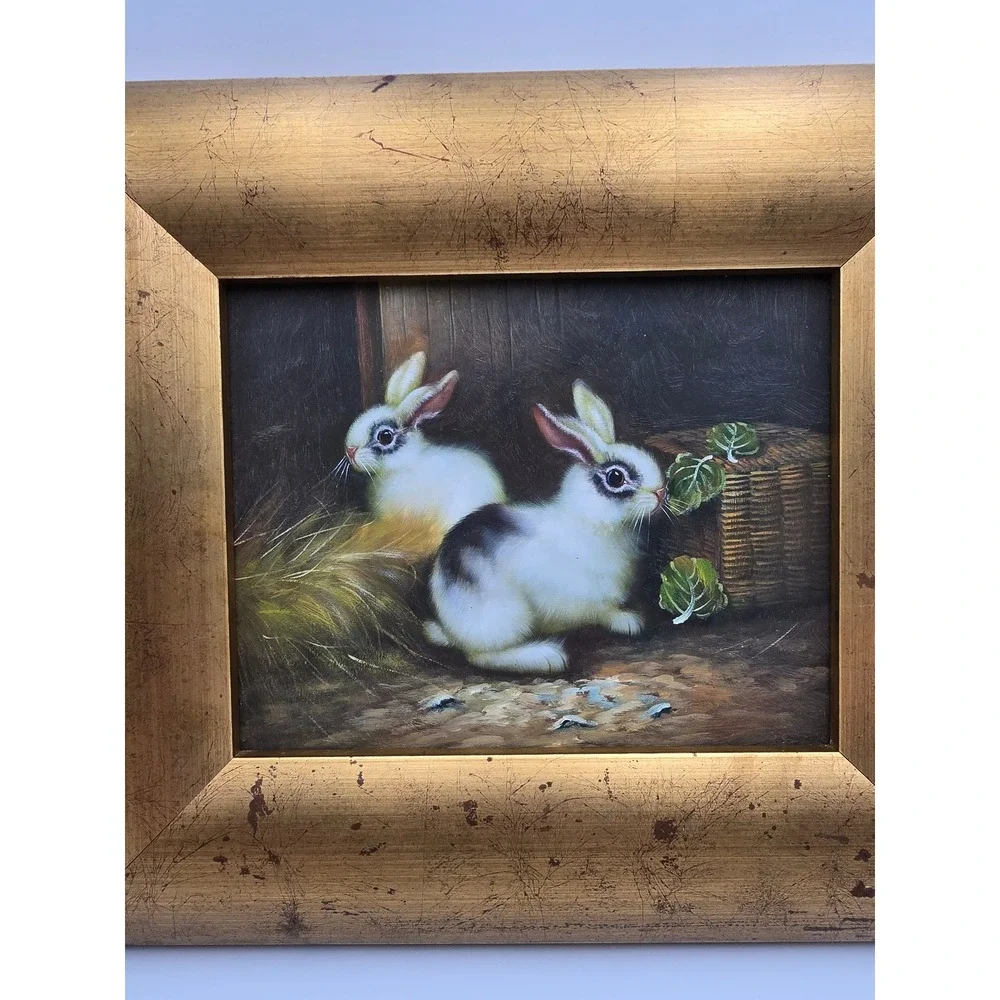 UnSigned Rabbit Oil Painting‎ Art 15x13x1.5 Gold Good Distressed Framed Bunny